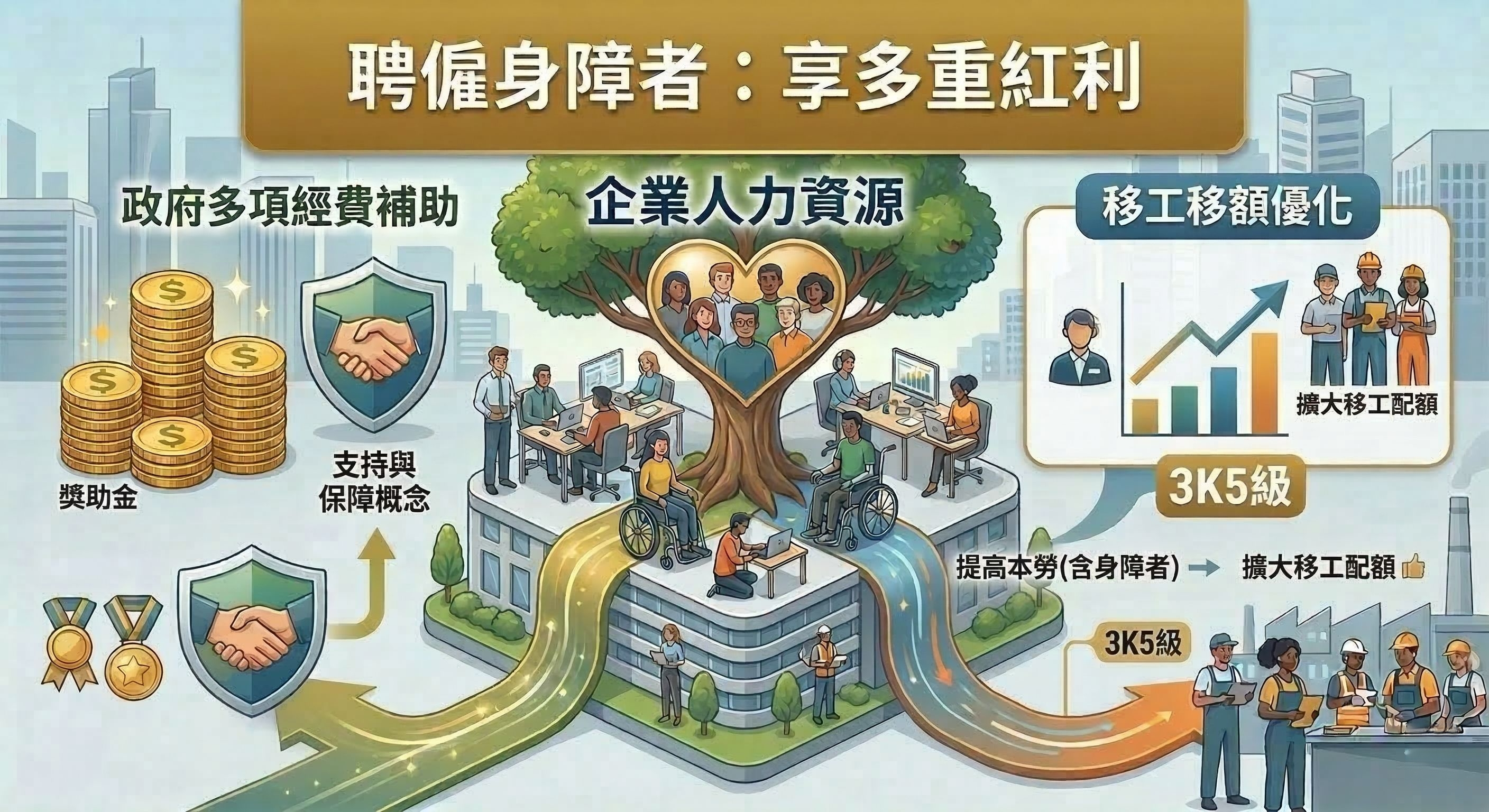 企業聘用身障員工享雙重紅利：不僅有 30 萬補助，更能優化移工申請額度！