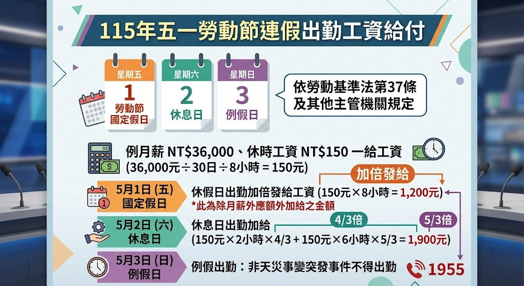 115年五一勞動節連假：出勤、補假與加班費給付全攻略